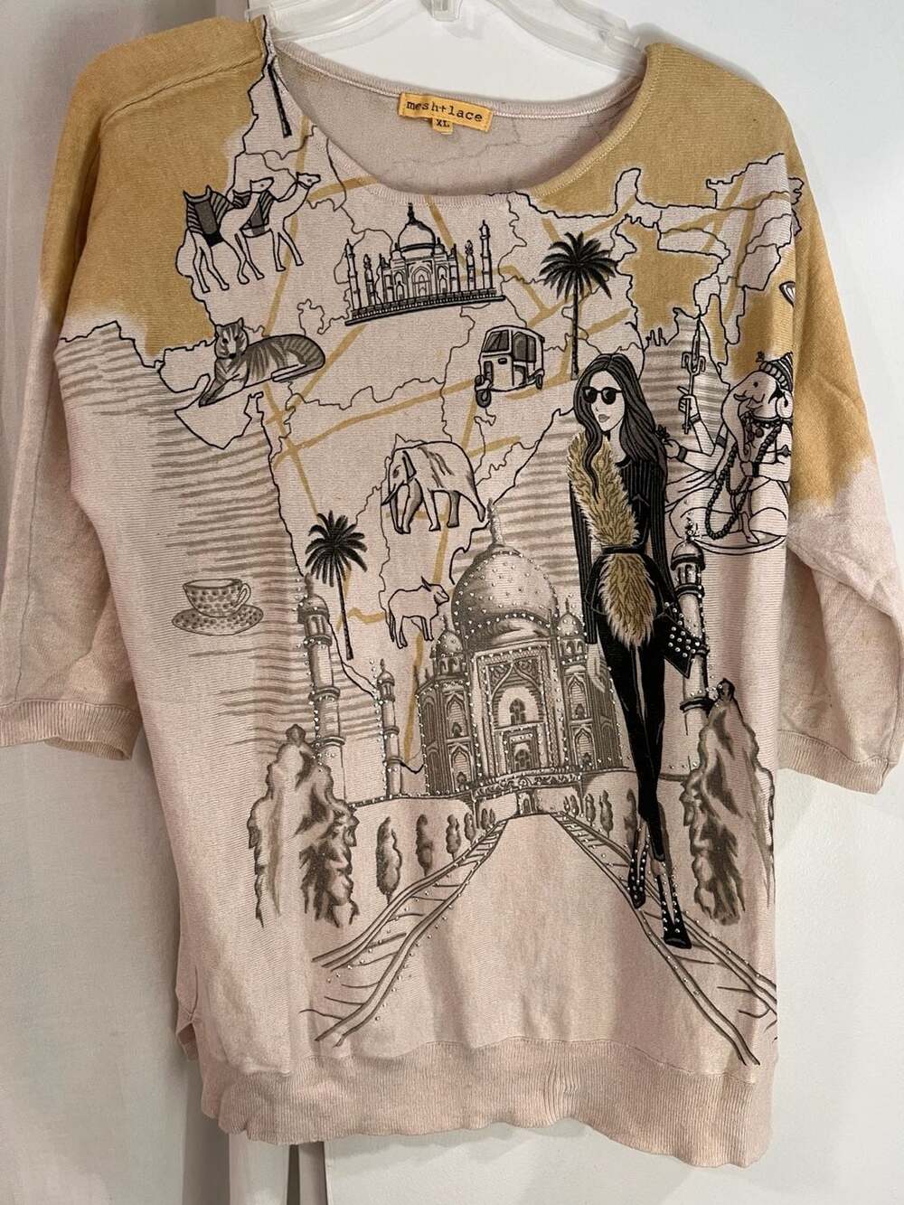 Mesh + Lace Women's India Map Taj Mahal Embellished Knit Sweater XL